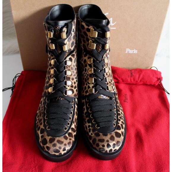 Christian Louboutin Macademia Leopard-Print Calf Hair Snake Moto Combat Booties - Picture 6 of 15